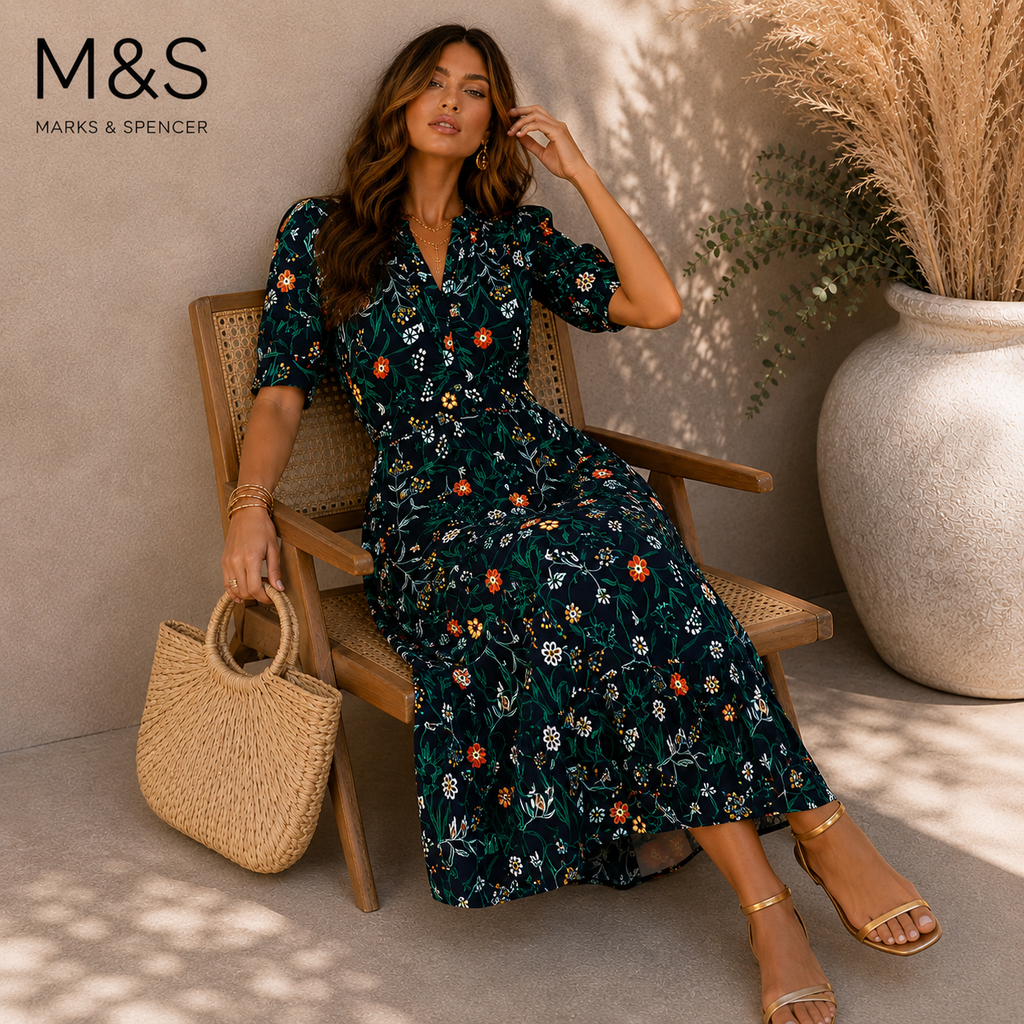 Marks & Spencer Navy Floral Midi Maxi Dress UK 10