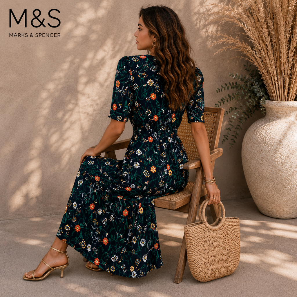 Marks & Spencer Navy Floral Midi Maxi Dress UK 10