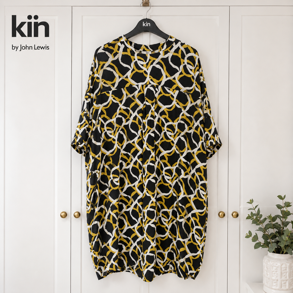 KIN John Lewis Oversized Cocoon Shirt Dress Black Yellow Print UK 14