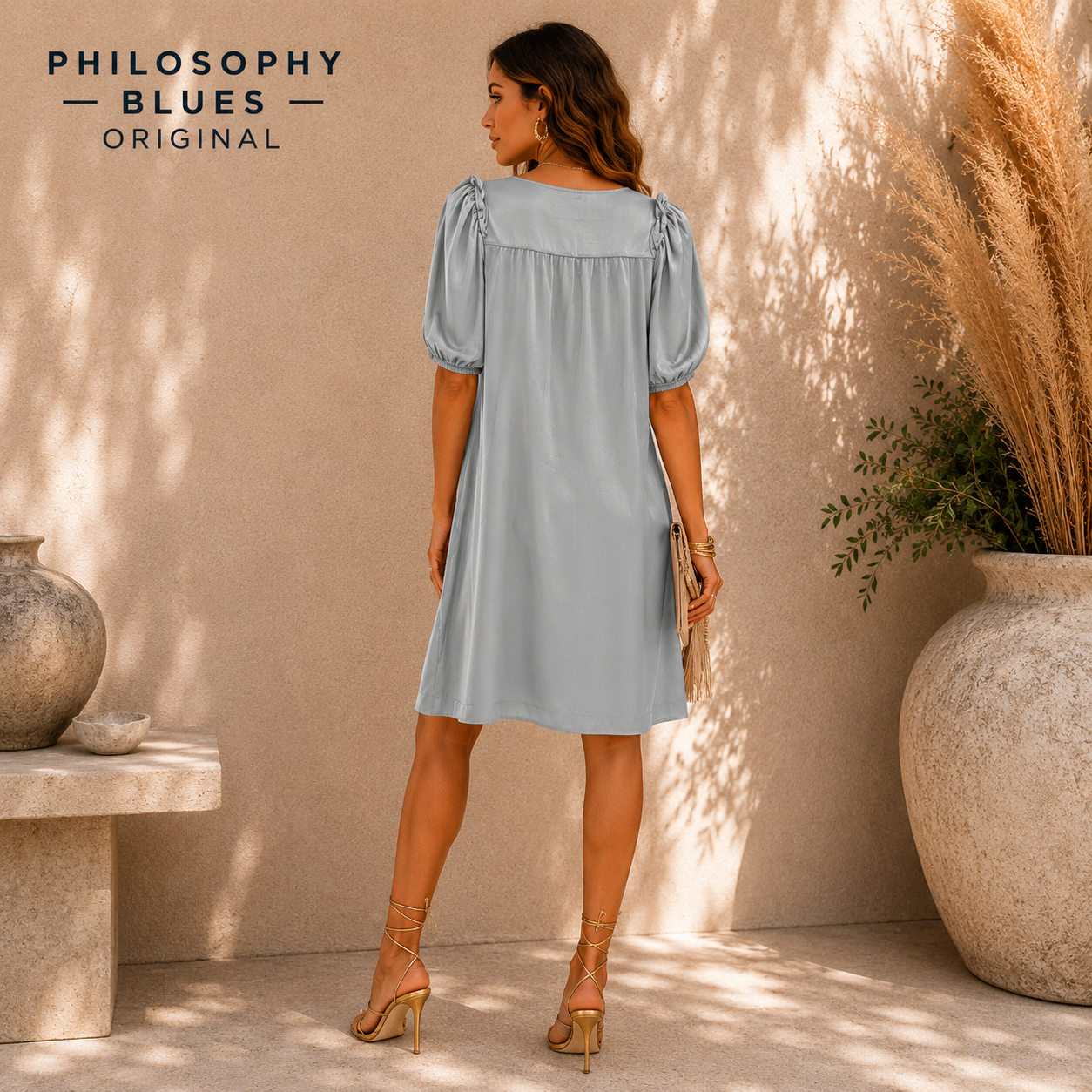 Philosophy Blues Original Silky Blue Grey Satin Shift Dress UK 12