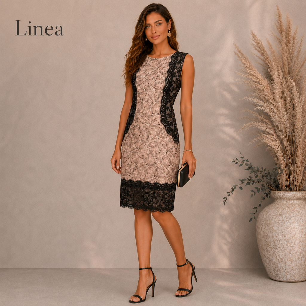 Linea Embroidered Peach, Black Lace Occasion Dress UK 14