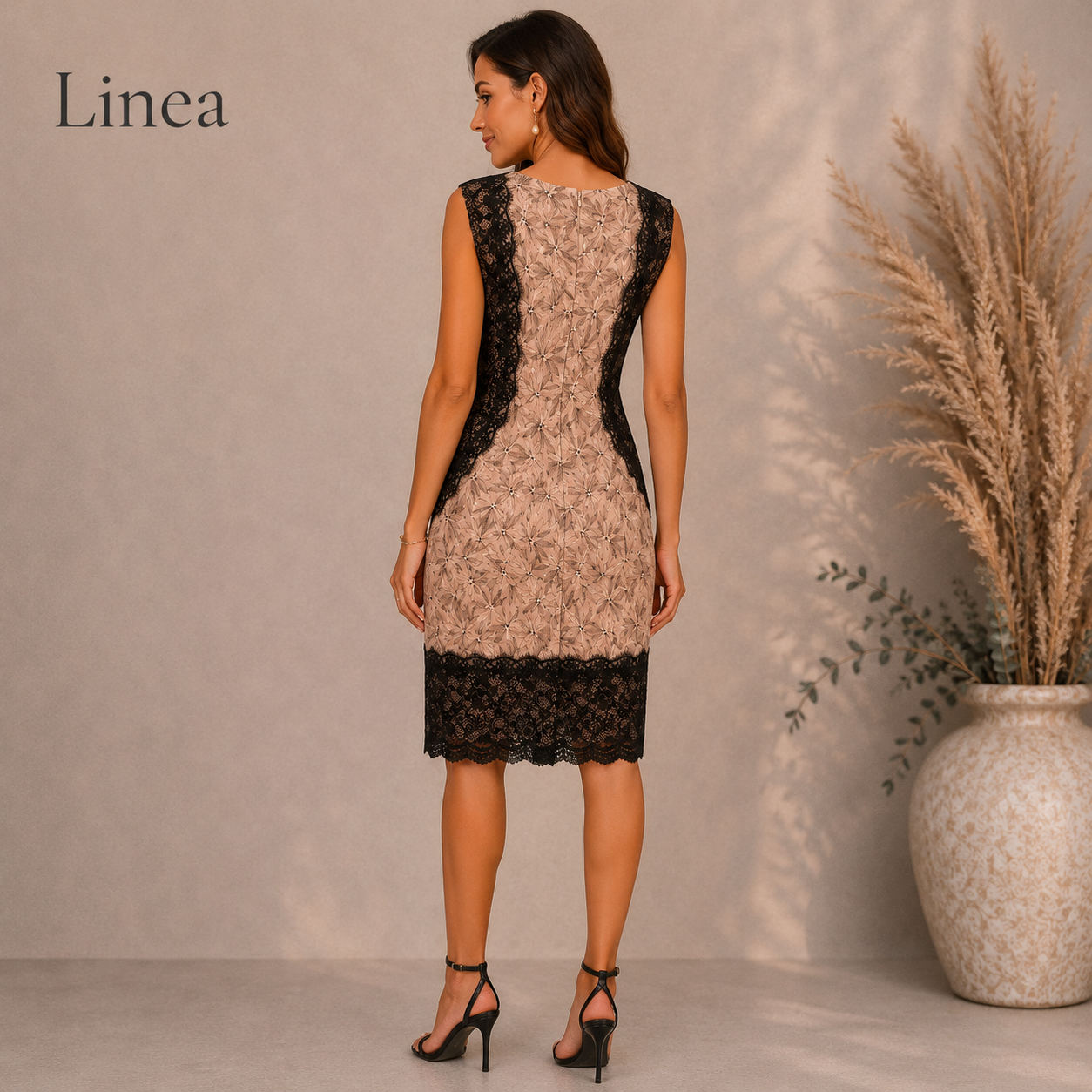 Linea Embroidered Peach, Black Lace Occasion Dress UK 14