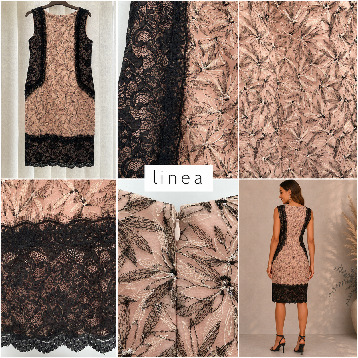 Linea Embroidered Peach, Black Lace Occasion Dress UK 14