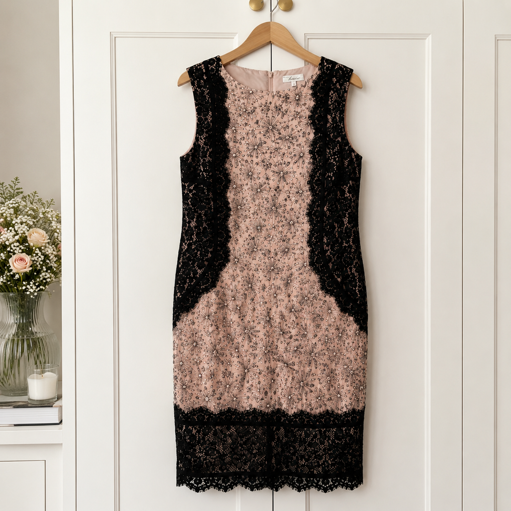 Linea Embroidered Peach, Black Lace Occasion Dress UK 14