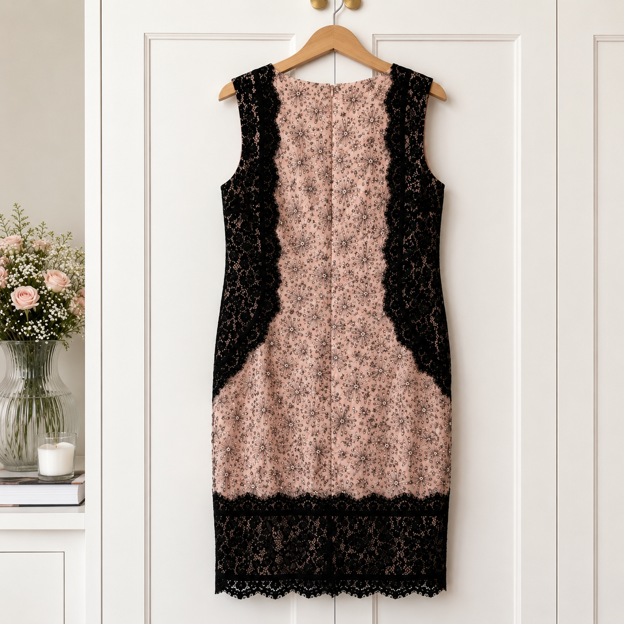 Linea Embroidered Peach, Black Lace Occasion Dress UK 14