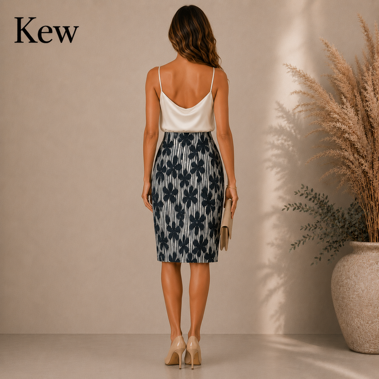 Kew Navy Floral Cotton Mix Pencil Skirt UK 12