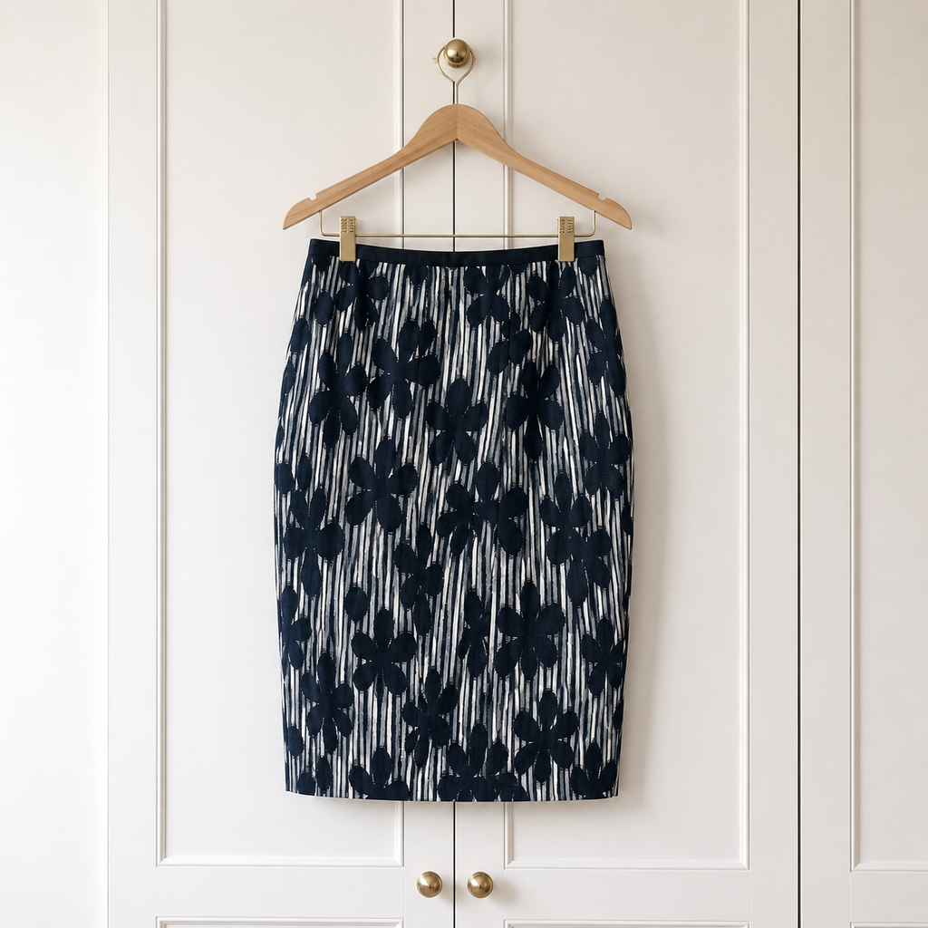 Kew Navy Floral Cotton Mix Pencil Skirt UK 12