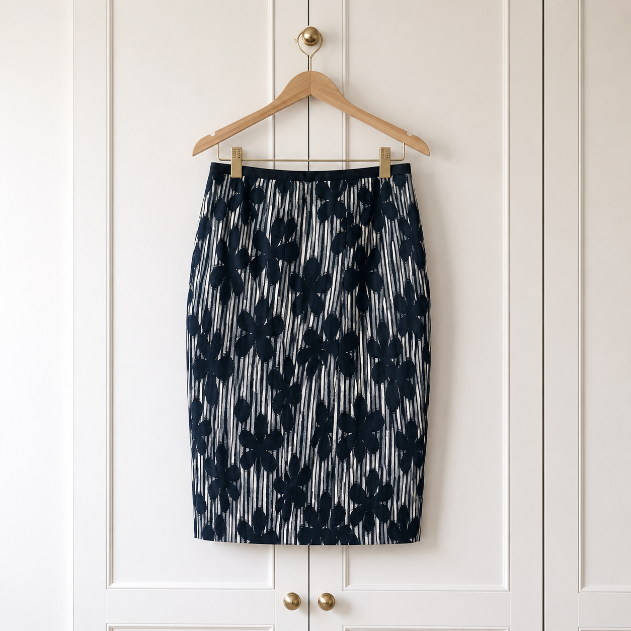 Kew Navy Floral Cotton Mix Pencil Skirt UK 12