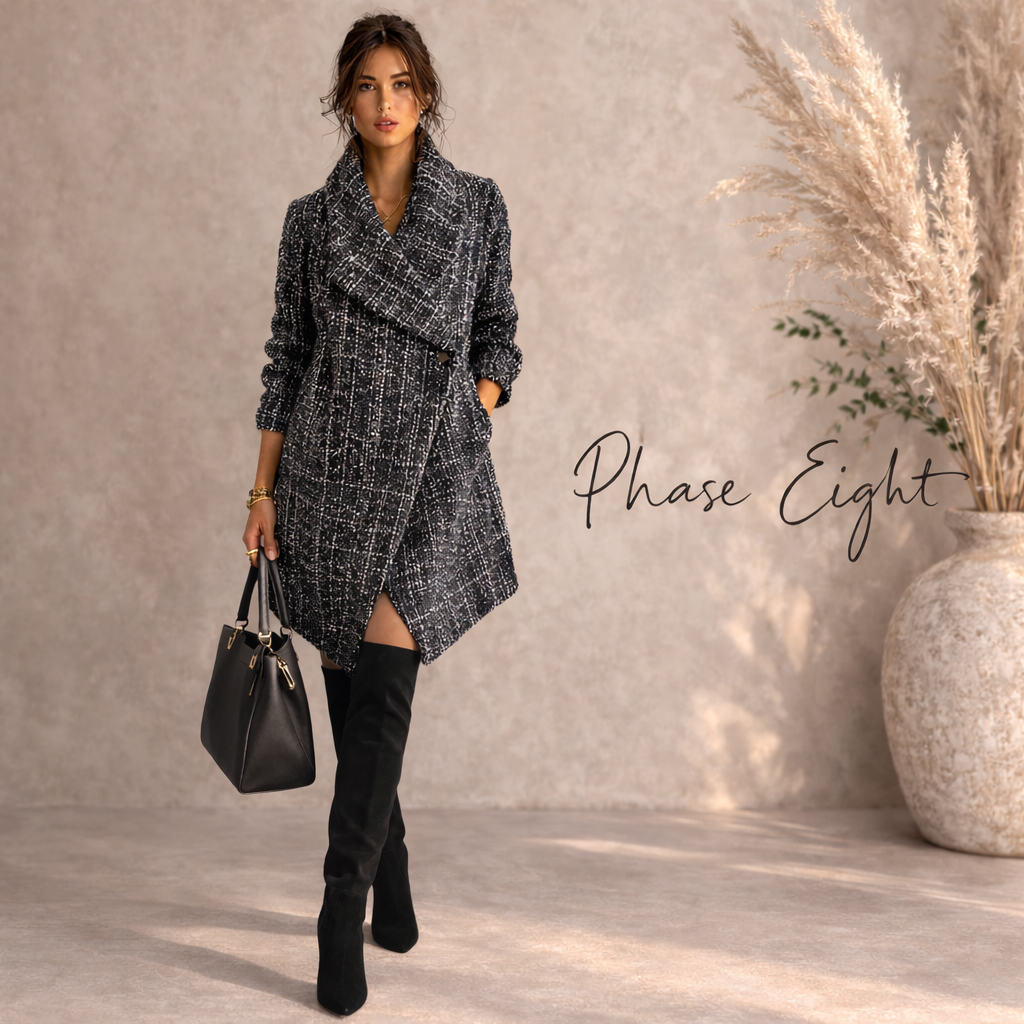 Phase Eight Navy Tweed Wide Collar Coat UK 12