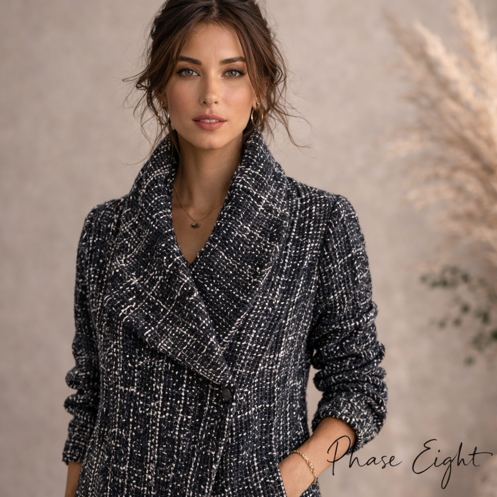Phase Eight Navy Tweed Wide Collar Coat UK 12