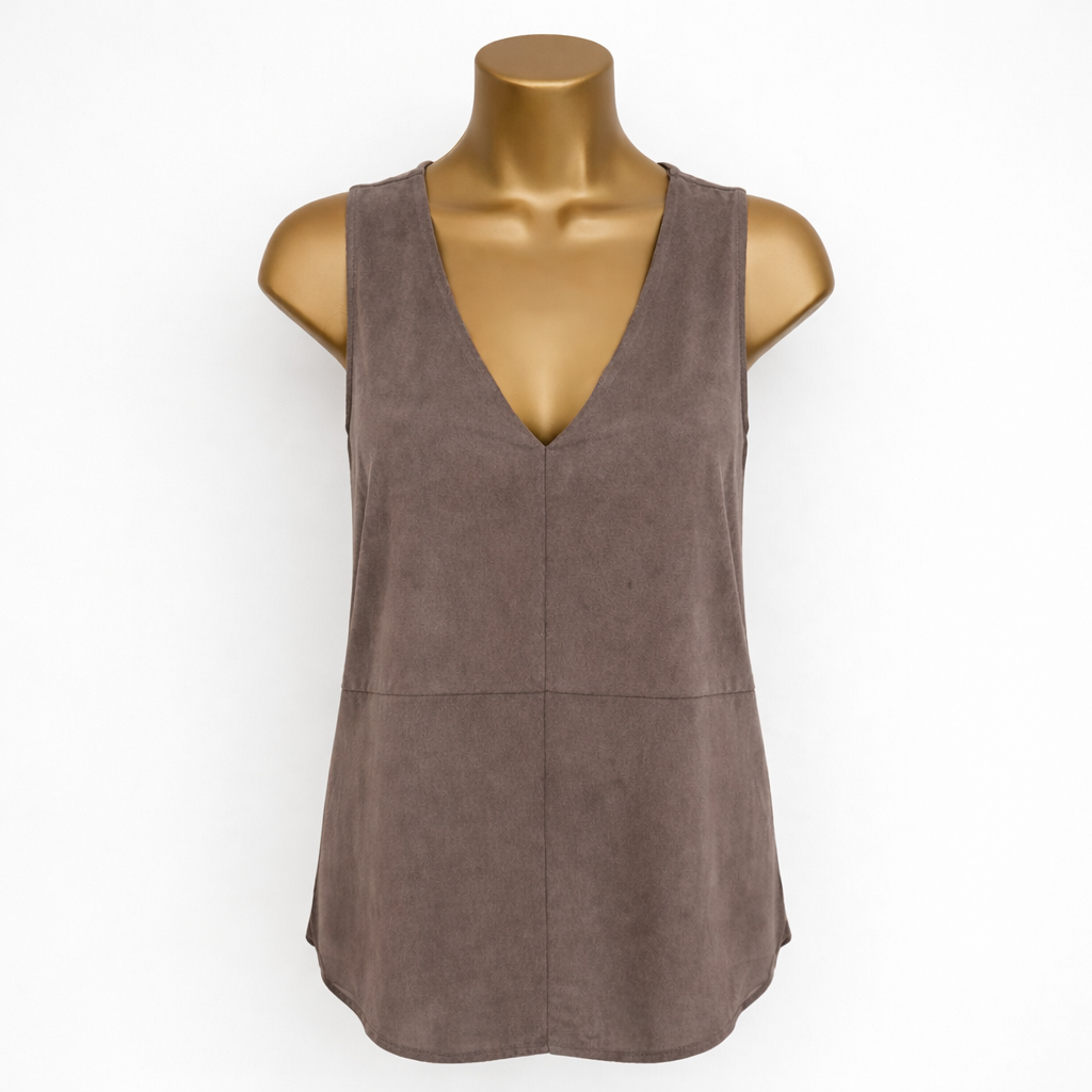 Ecru Taupe Suedette Top UK 14 | Sleeveless V-Neck Tunic