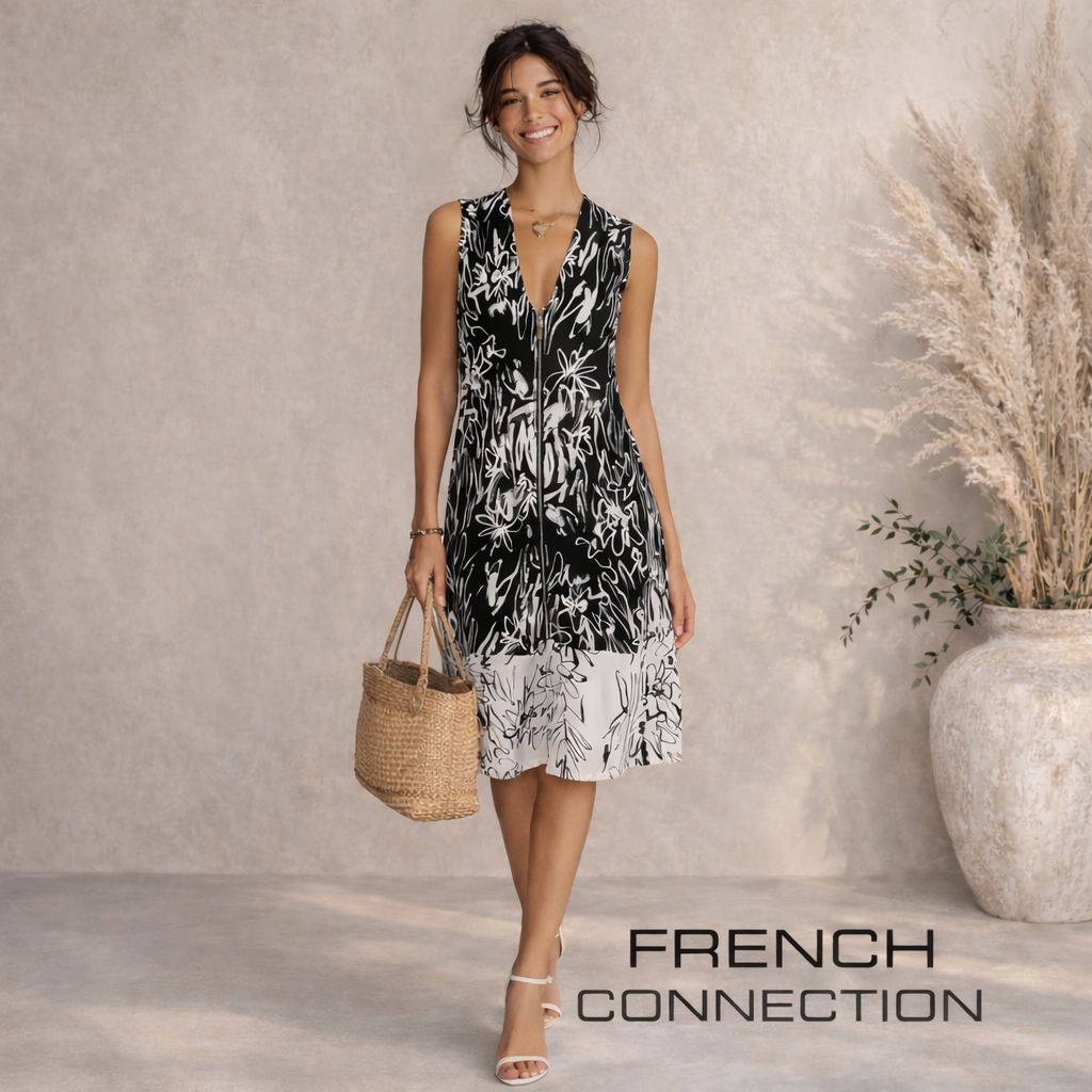 French Connection Black White Dress UK 8