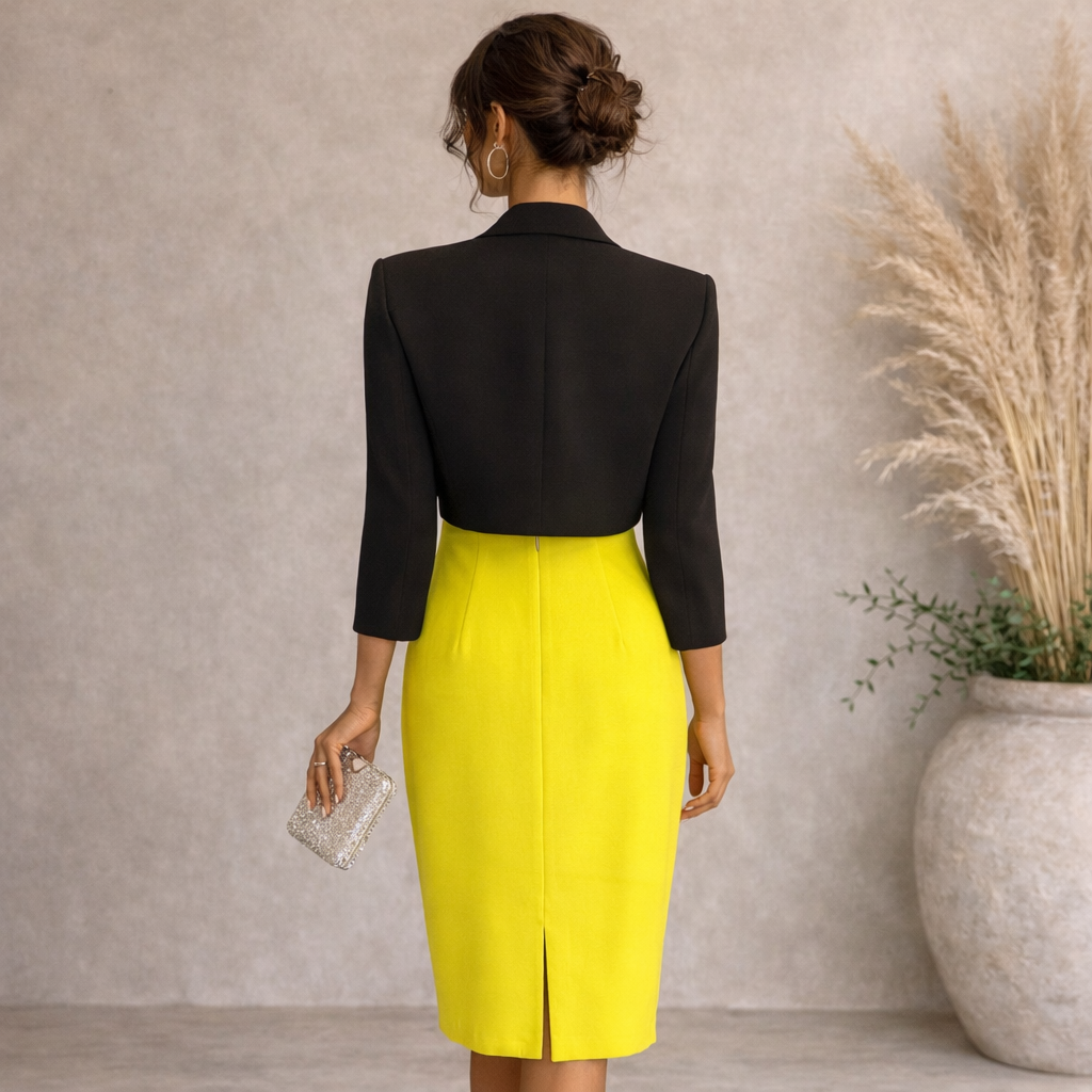 Simon Ellis Chartreuse Yellow Dress Suit, Black Bolero Jacket UK 10