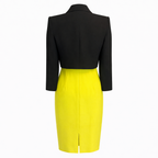 Simon Ellis Chartreuse Yellow Dress Suit, Black Bolero Jacket UK 10