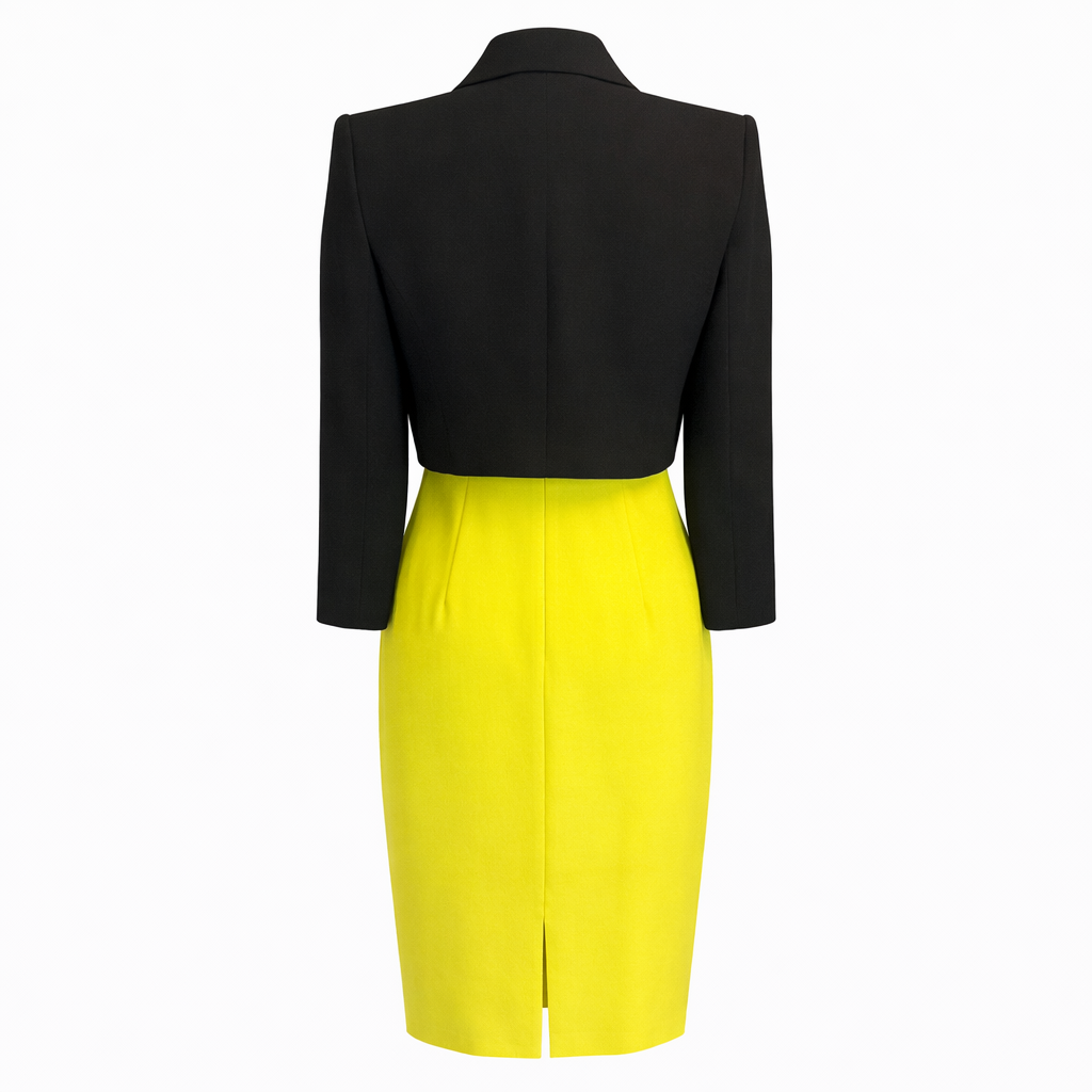 Simon Ellis Chartreuse Yellow Dress Suit, Black Bolero Jacket UK 10