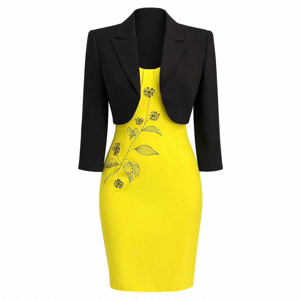 Simon Ellis Chartreuse Yellow Dress Suit, Black Bolero Jacket UK 10