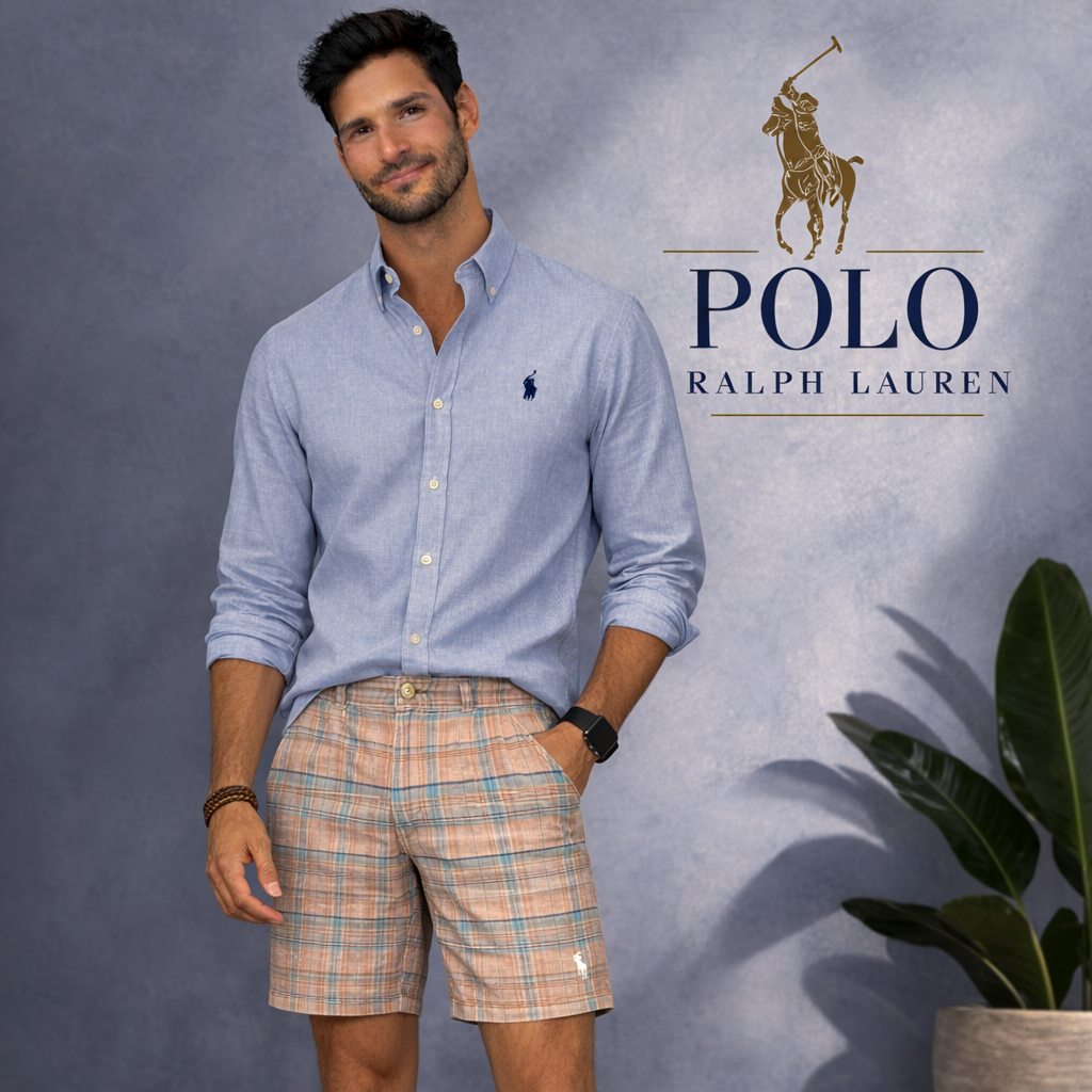 Polo Ralph Lauren Blue & Dark Peach Check Cotton Shorts Size 34