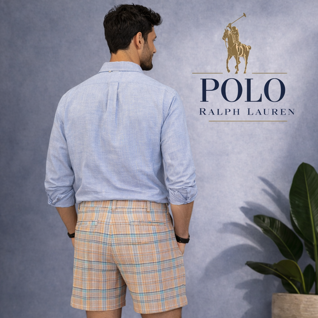 Polo Ralph Lauren Blue & Dark Peach Check Cotton Shorts Size 34