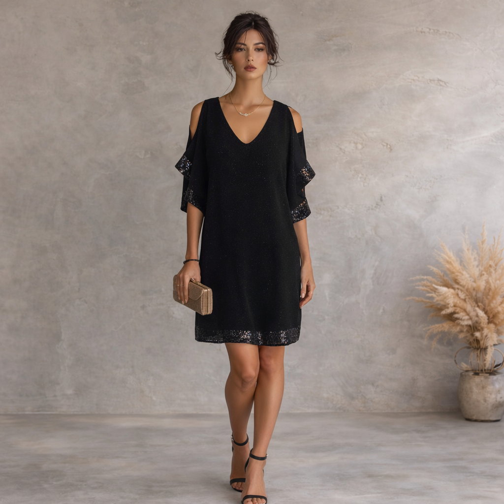 Dorothy Perkins Petite Black Sequin Cold Shoulder Dress UK 8