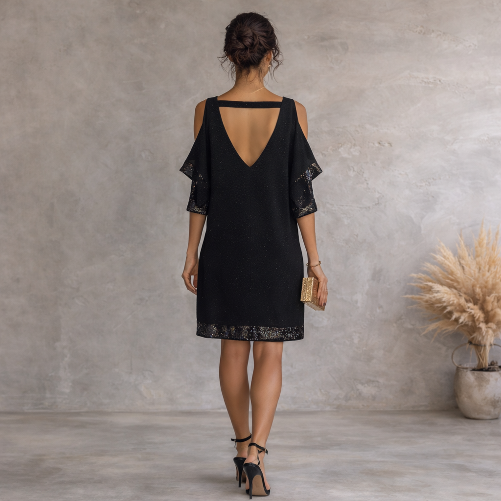 Dorothy Perkins Petite Black Sequin Cold Shoulder Dress UK 8