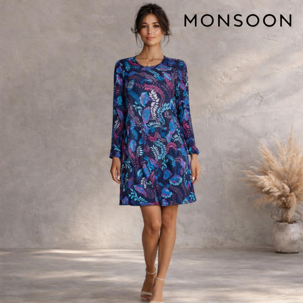 MONSOON Multicoloured Floral Long Sleeve Tunic Dress UK 12