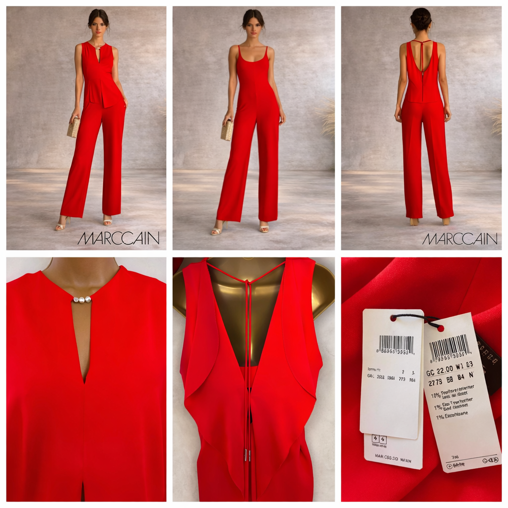 Marc Cain Coral Red Jumpsuit & Overlay Waterfall Top UK 14