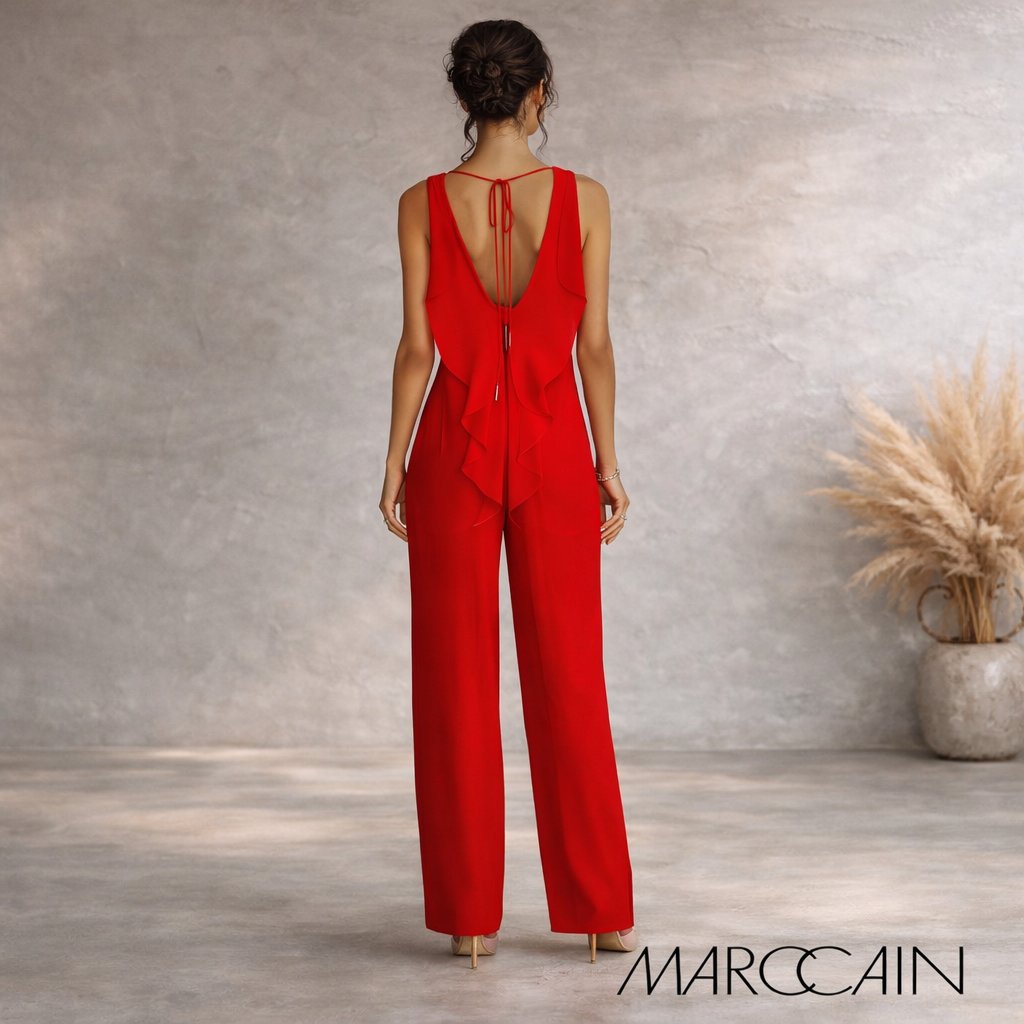Marc Cain Coral Red Jumpsuit & Overlay Waterfall Top UK 14