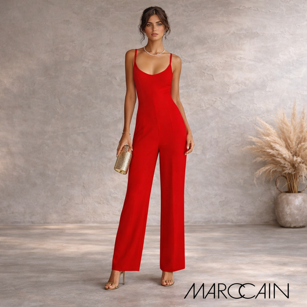 Marc Cain Coral Red Jumpsuit & Overlay Waterfall Top UK 14