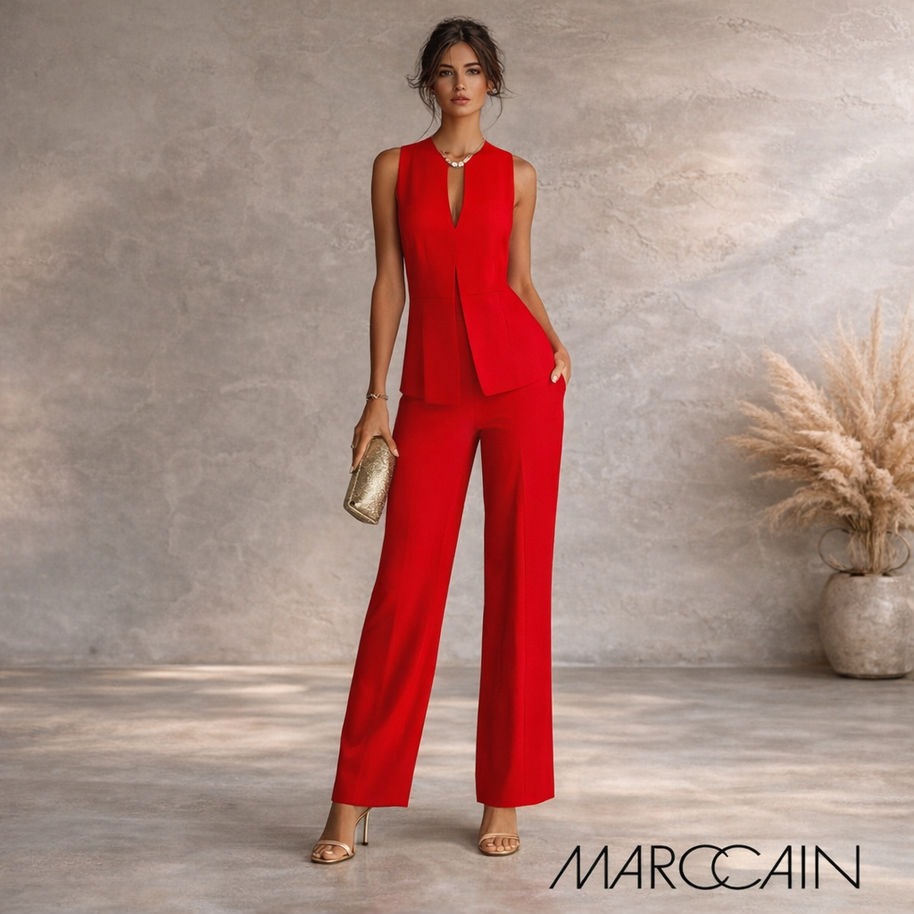Marc Cain Coral Red Jumpsuit & Overlay Waterfall Top UK 14