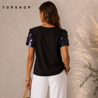 Topshop Black Chiffon Sequin Short Sleeve Top UK 12