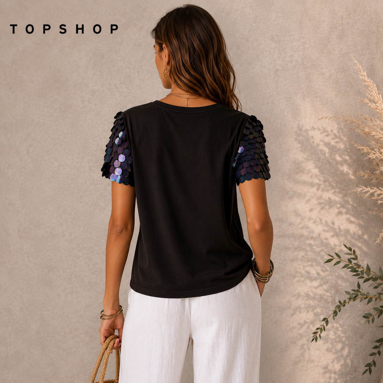 Topshop Black Chiffon Sequin Short Sleeve Top UK 12