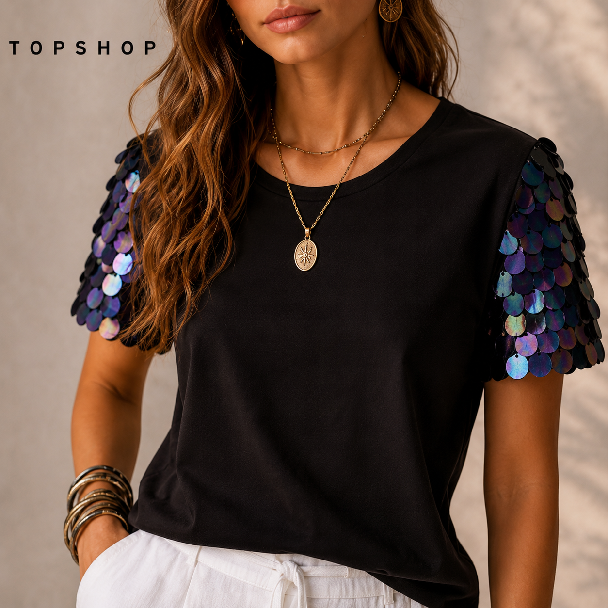 Topshop Black Chiffon Sequin Short Sleeve Top UK 12