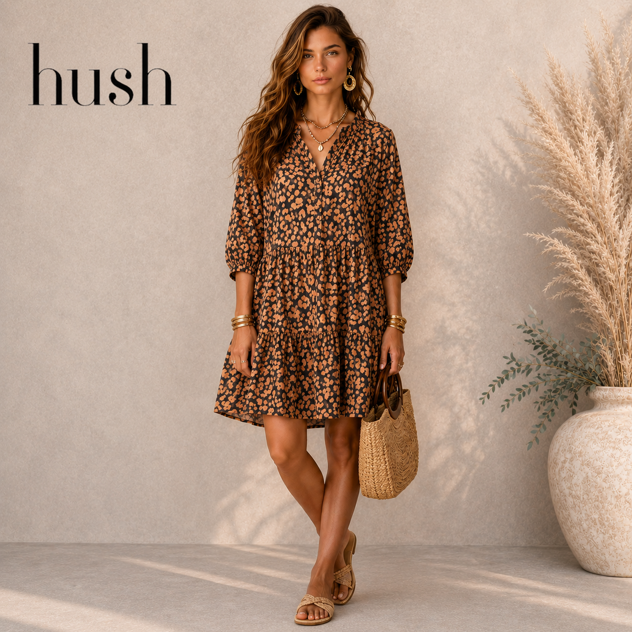 Hush Lena Brown Slouchy Oversize Animal Print Dress UK 4