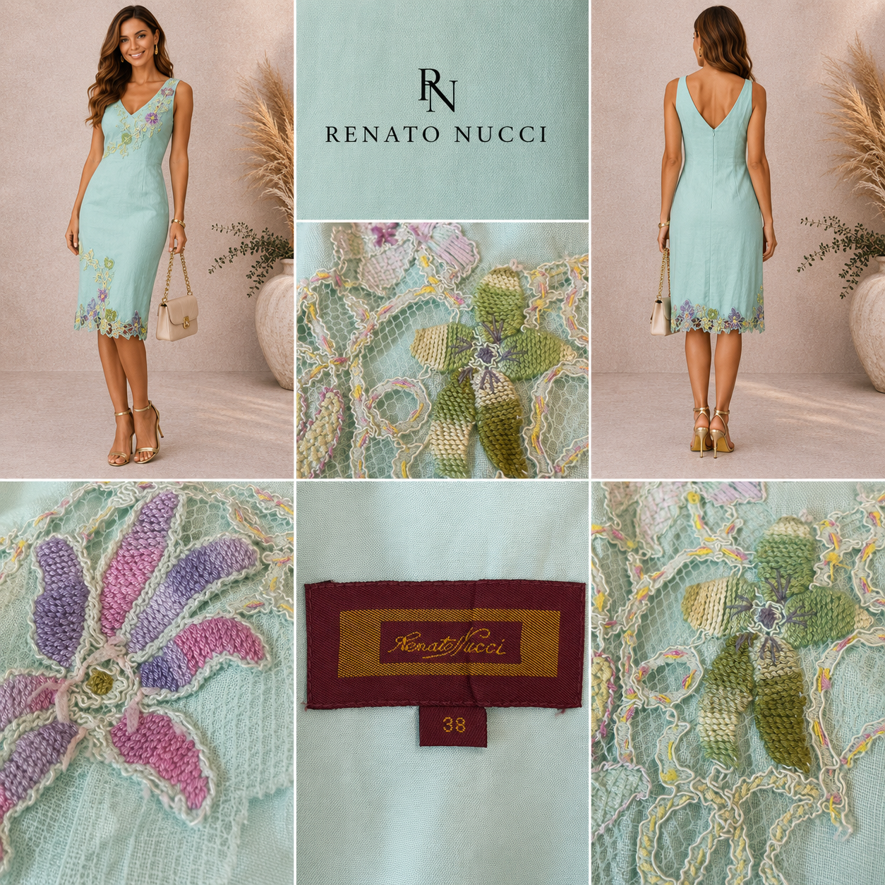Renato Nucci Green Linen Embroidered Floral Dress UK 10