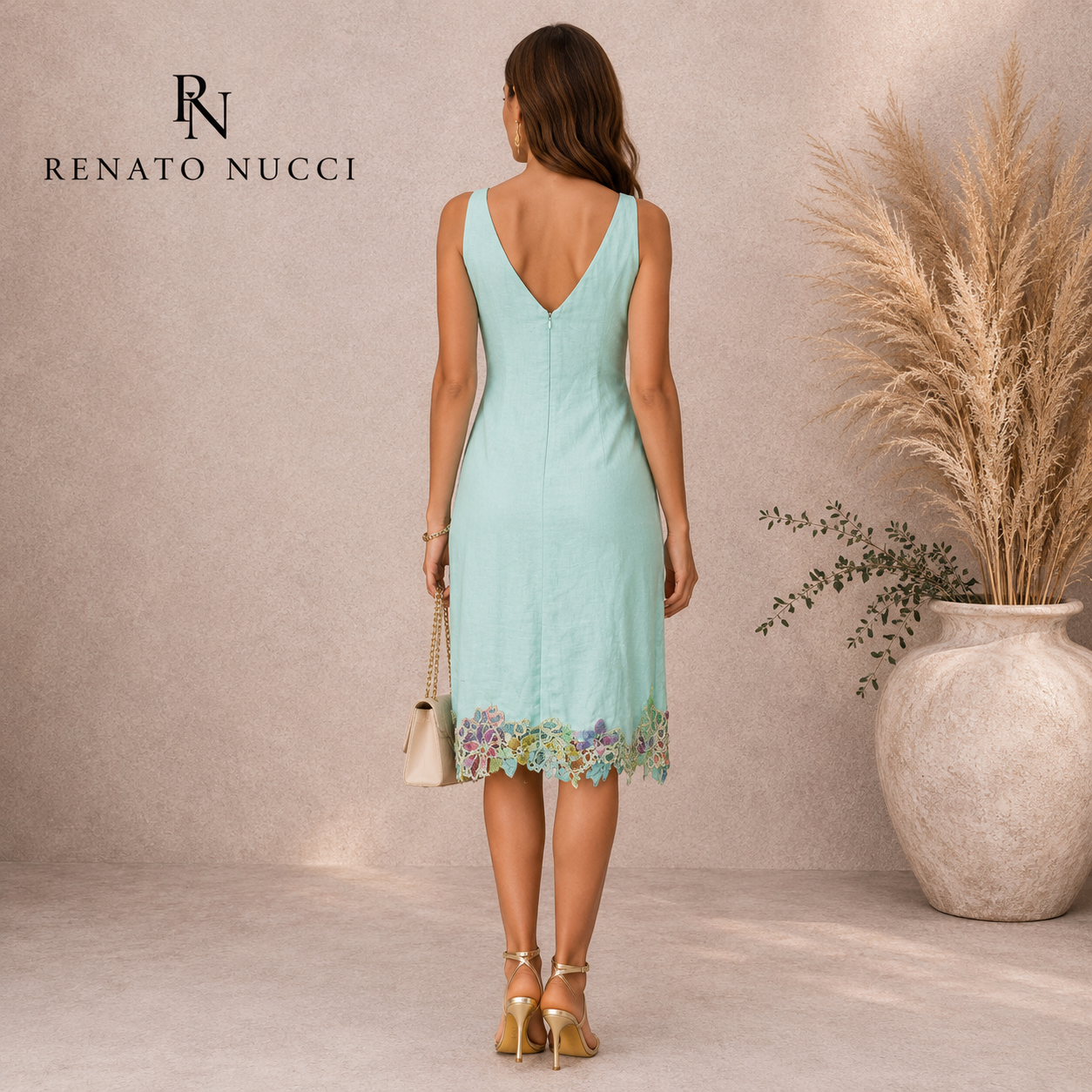 Renato Nucci Green Linen Embroidered Floral Dress UK 10