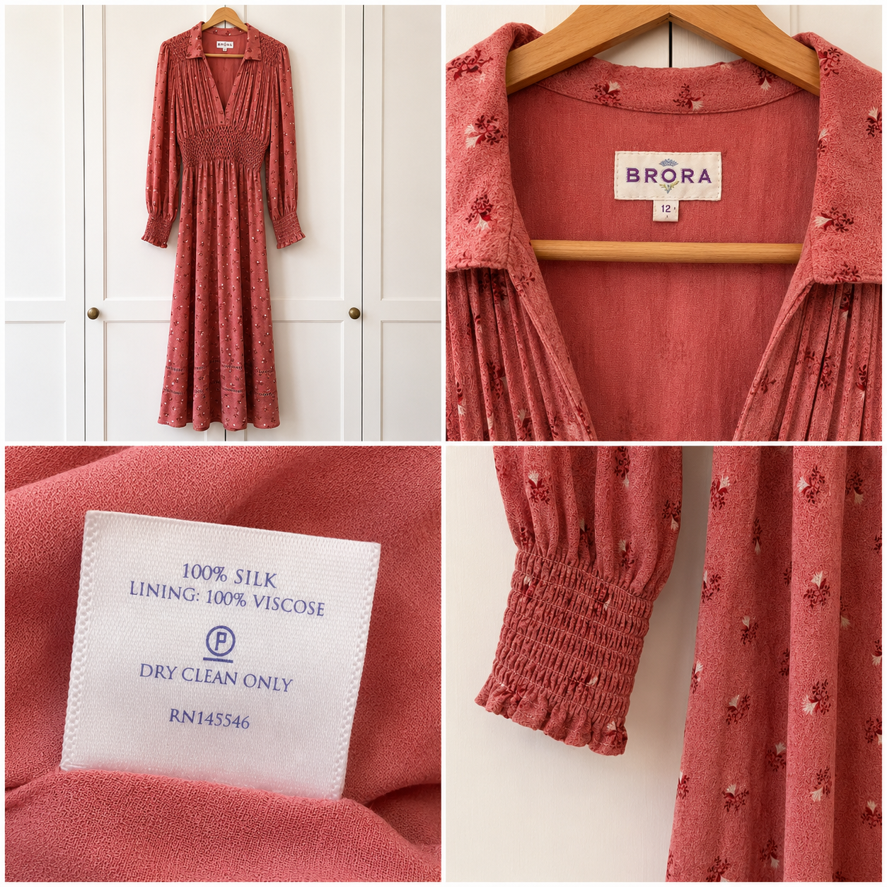 Brora 100% Silk Floral Smock Dress Rose Pink UK 12 RRP £295