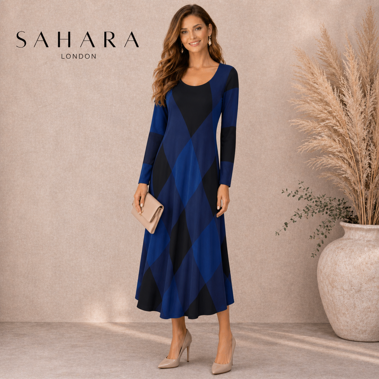 Sahara Blue Black Large Check Dress UK 14/16