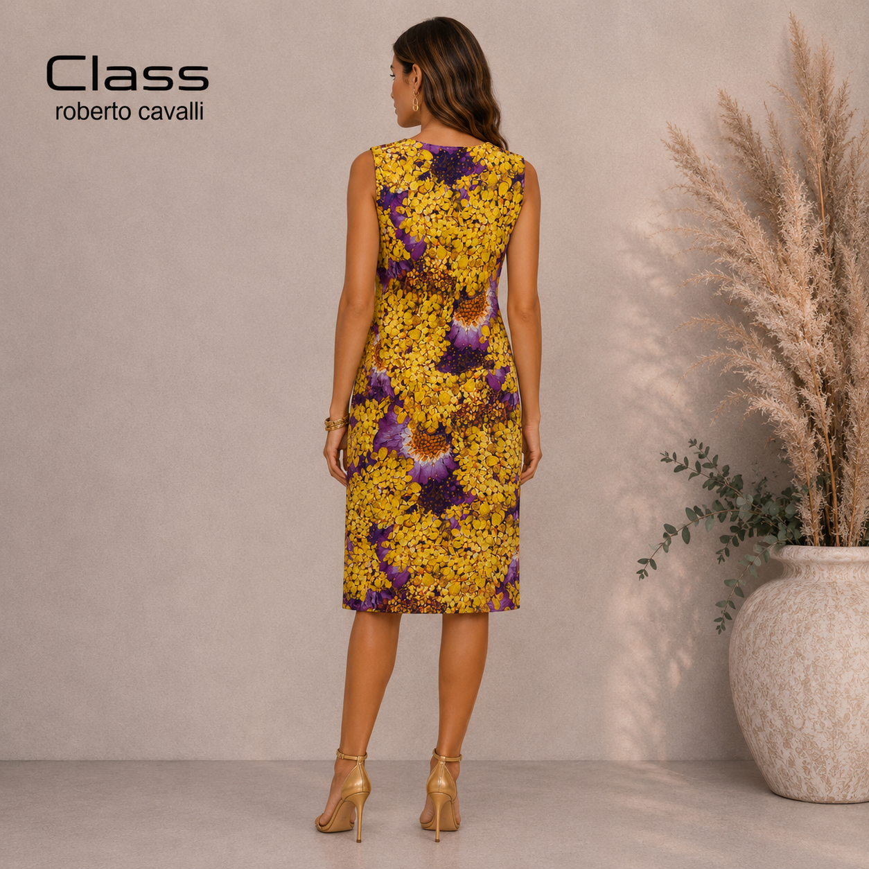 Class Roberto Cavalli Yellow Purple Floral Dress UK 8