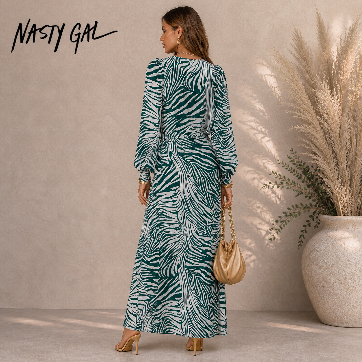 Nasty Gal Green & Cream Zebra Dress UK 4