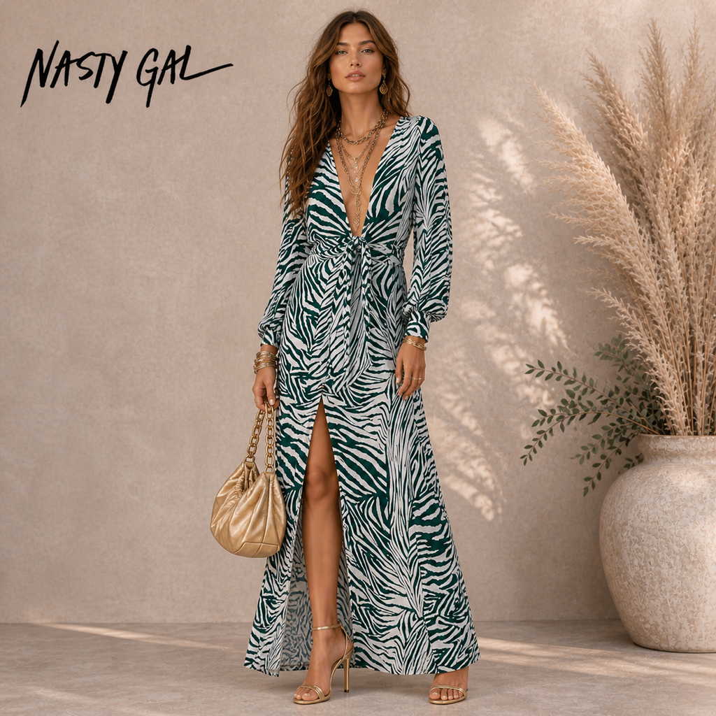 Nasty Gal Green & Cream Zebra Dress UK 4