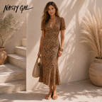 Nasty Gal Leopard Plunge Midi Shift Dress UK 6