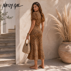 Nasty Gal Leopard Plunge Midi Shift Dress UK 6