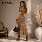 Nasty Gal Leopard Plunge Midi Shift Dress UK 6