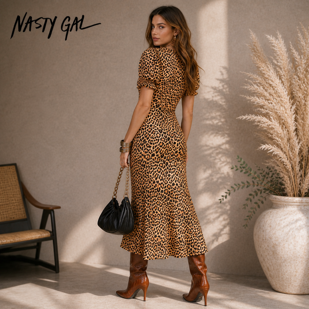 Nasty Gal Leopard Plunge Midi Shift Dress UK 6