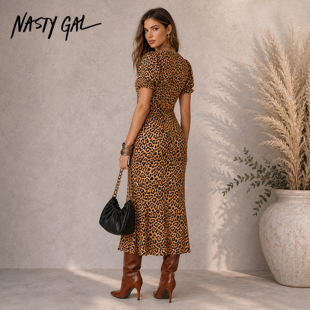 Nasty Gal Leopard Plunge Midi Shift Dress UK 6
