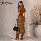 Nasty Gal Leopard Plunge Midi Shift Dress UK 6