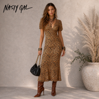 Nasty Gal Leopard Plunge Midi Shift Dress UK 6