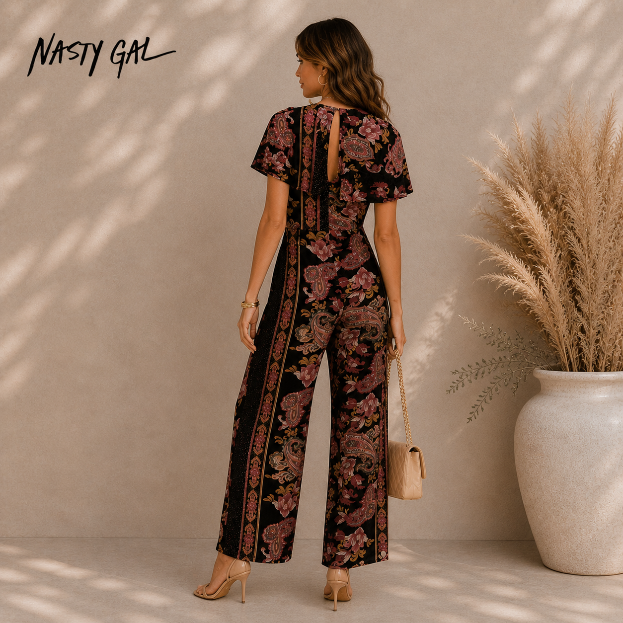 Nasty Gal Devore Paisley Print Wide Leg Jumpsuit UK 4