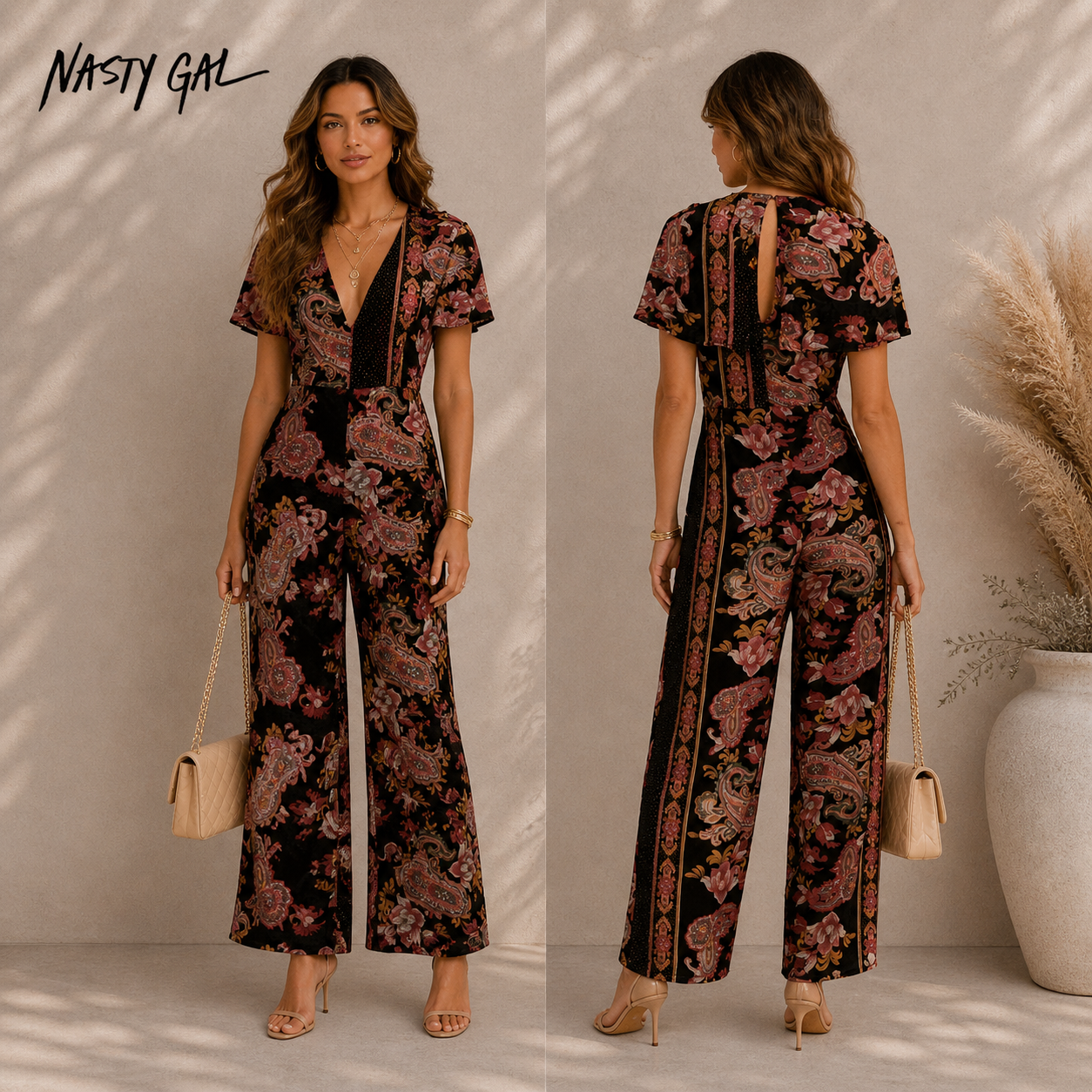 Nasty Gal Devore Paisley Print Wide Leg Jumpsuit UK 4