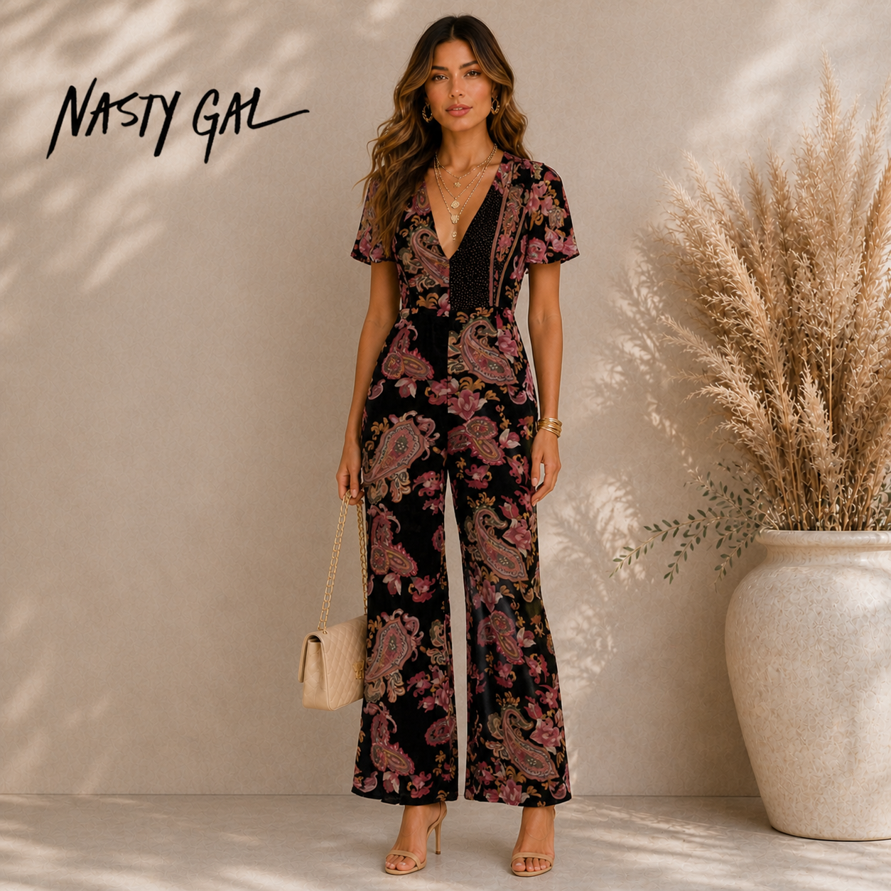 Nasty Gal Devore Paisley Print Wide Leg Jumpsuit UK 4